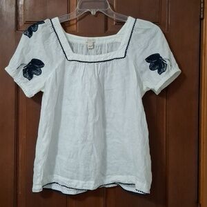 J. Crew White Square-Neck Embroidered Short-Sleeve Top 100% Linen Size Medium